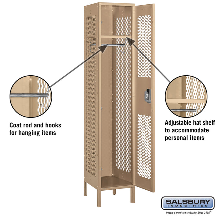 Salsbury 15" Wide Single Tier Vented Metal Locker - 1 Wide - 6 Feet High - 18 Inches Deep - Tan - Assembled - Sweatfully