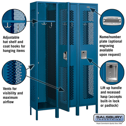 Salsbury 15" Wide Single Tier Vented Metal Locker - 3 Wide - 6 Feet High - 15 Inches Deep - Blue - Unassembled - Sweatfully