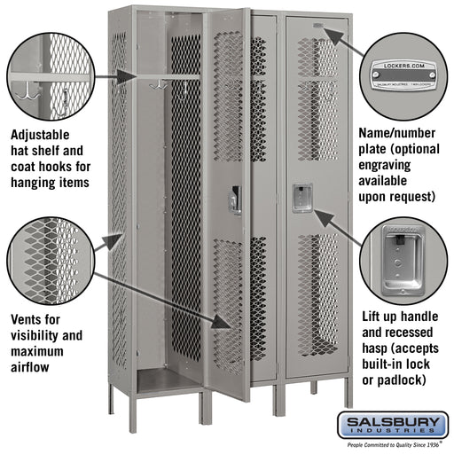 Salsbury 15" Wide Single Tier Vented Metal Locker - 3 Wide - 6 Feet High - 15 Inches Deep - Gray - Assembled - Sweatfully