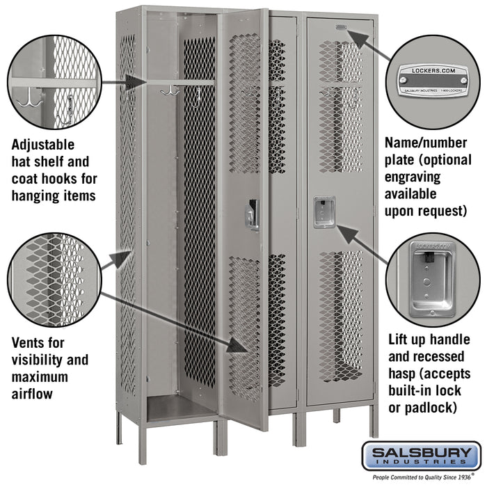 Salsbury 15" Wide Single Tier Vented Metal Locker - 3 Wide - 6 Feet High - 15 Inches Deep - Gray - Unassembled - Sweatfully