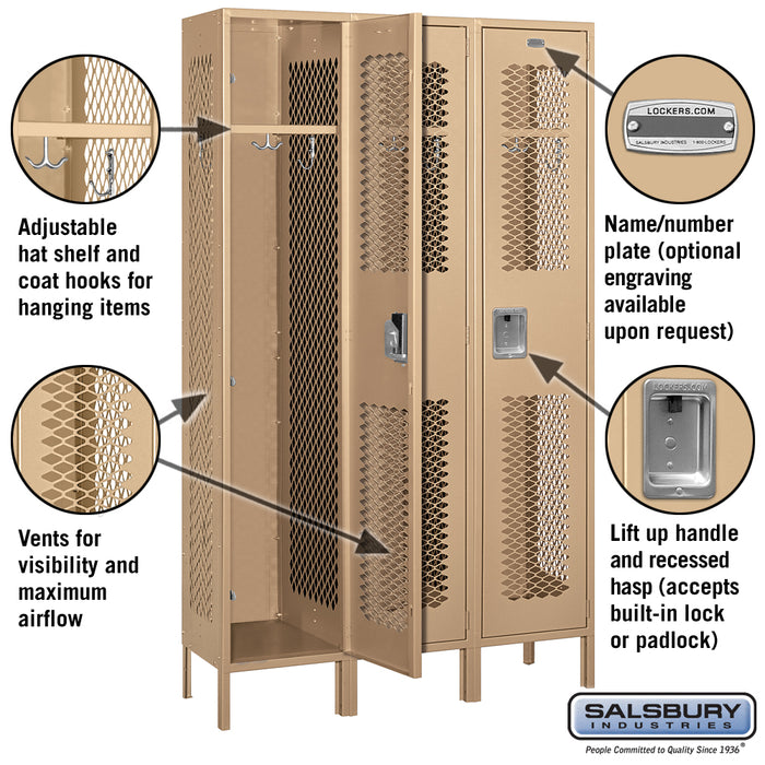 Salsbury 15" Wide Single Tier Vented Metal Locker - 3 Wide - 6 Feet High - 15 Inches Deep - Tan - Assembled - Sweatfully