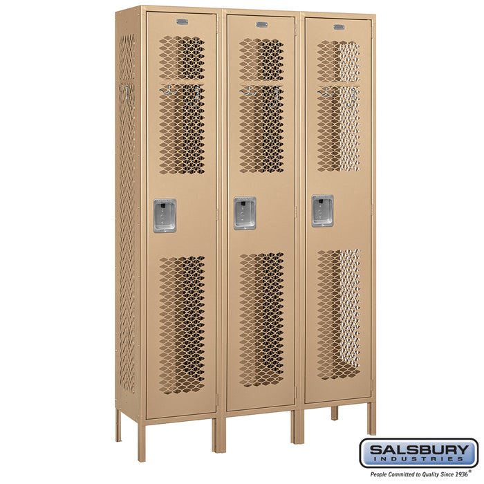 Salsbury 15" Wide Single Tier Vented Metal Locker - 3 Wide - 6 Feet High - 15 Inches Deep - Tan - Assembled - Sweatfully