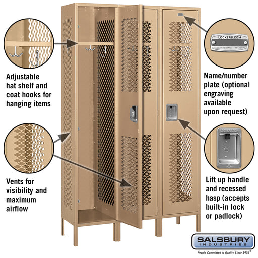 Salsbury 15" Wide Single Tier Vented Metal Locker - 3 Wide - 6 Feet High - 15 Inches Deep - Tan - Unassembled - Sweatfully