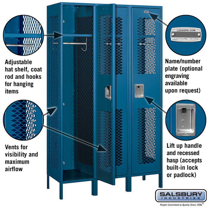 Salsbury 15" Wide Single Tier Vented Metal Locker - 3 Wide - 6 Feet High - 18 Inches Deep - Blue - Assembled - Sweatfully