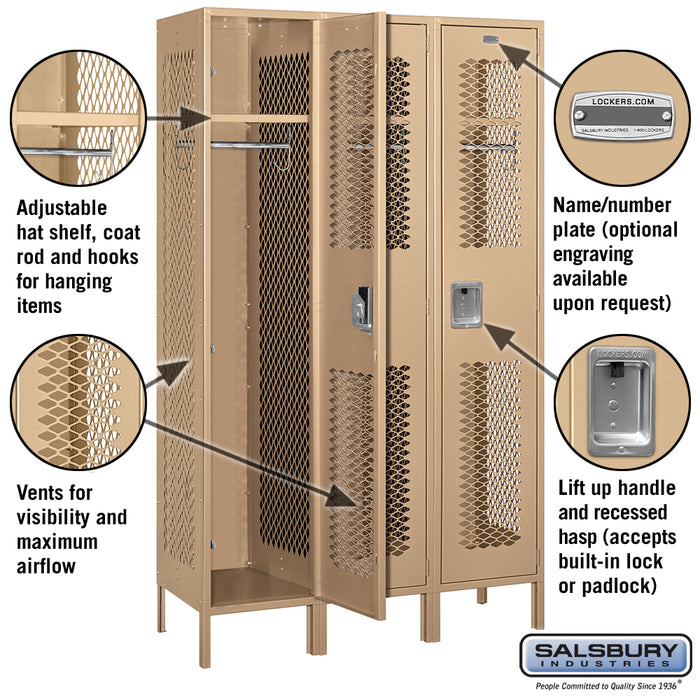 Salsbury 15" Wide Single Tier Vented Metal Locker - 3 Wide - 6 Feet High - 18 Inches Deep - Tan - Assembled - Sweatfully