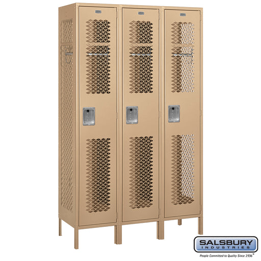 Salsbury 15" Wide Single Tier Vented Metal Locker - 3 Wide - 6 Feet High - 18 Inches Deep - Tan - Assembled - Sweatfully