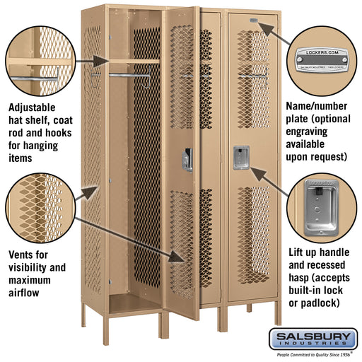 Salsbury 15" Wide Single Tier Vented Metal Locker - 3 Wide - 6 Feet High - 18 Inches Deep - Tan - Unassembled - Sweatfully