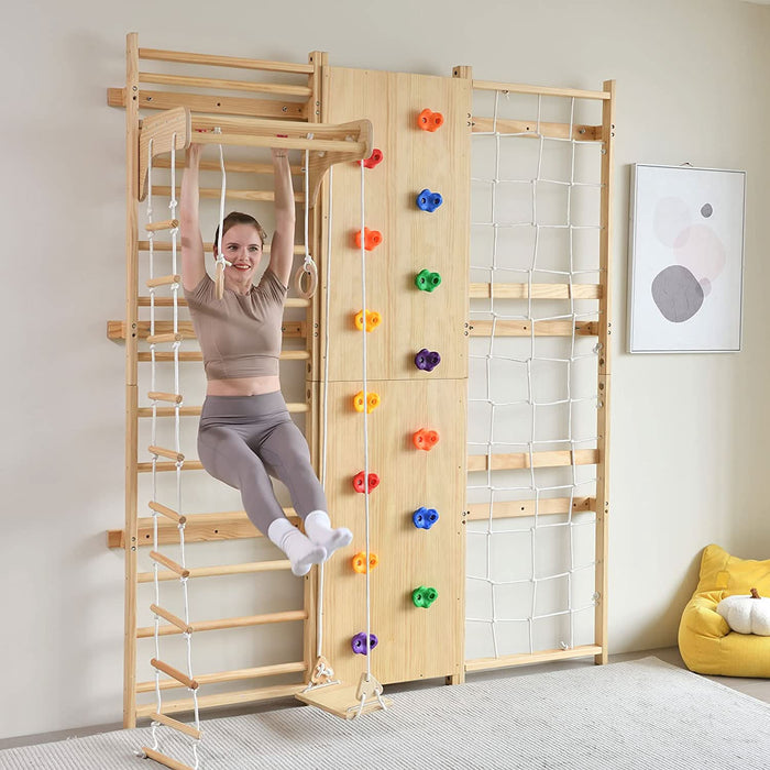 Walnut 9-in-1 Swedish Ladder Wall Gym | Indoor Wooden Climber & Activity Set for Kids - Sweatfully