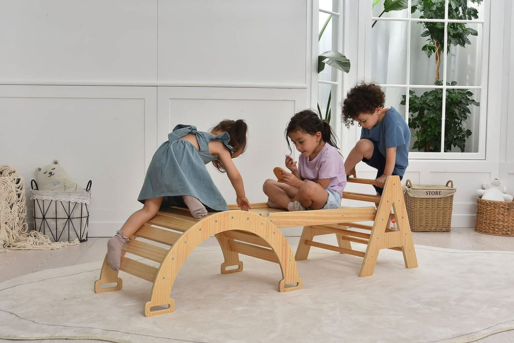 Maple - Wood Small Triangle Climbing Set with Ladder Slide and Rocker - Sweatfully