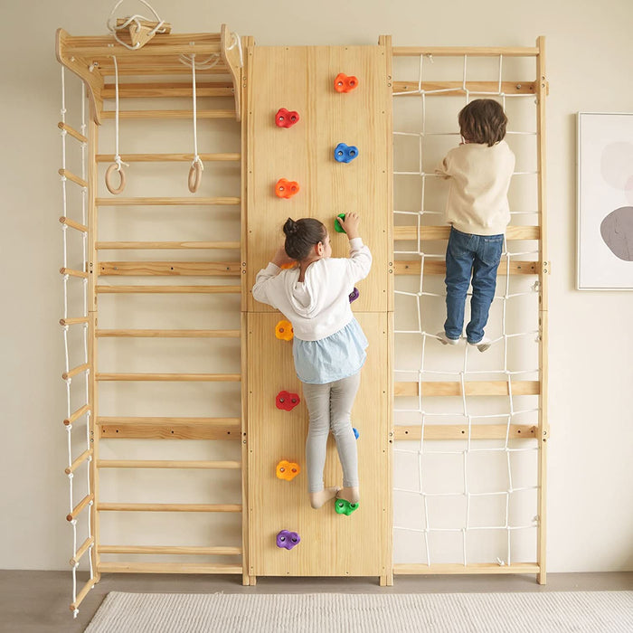 Walnut 9-in-1 Swedish Ladder Wall Gym | Indoor Wooden Climber & Activity Set for Kids - Sweatfully
