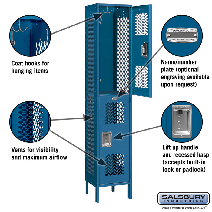 Salsbury 15" Wide Double Tier Vented Metal Locker - 1 Wide - 6 Feet High - 15 Inches Deep - Blue - Assembled - Sweatfully