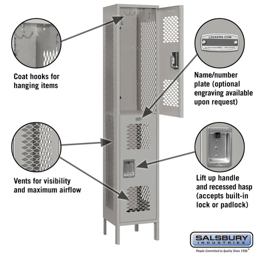 Salsbury 15" Wide Double Tier Vented Metal Locker - 1 Wide - 6 Feet High - 15 Inches Deep - Gray - Unassembled - Sweatfully