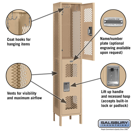 Salsbury 15" Wide Double Tier Vented Metal Locker - 1 Wide - 6 Feet High - 15 Inches Deep - Tan - Assembled - Sweatfully