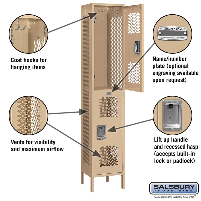 Salsbury 15" Wide Double Tier Vented Metal Locker - 1 Wide - 6 Feet High - 15 Inches Deep - Tan - Unassembled - Sweatfully