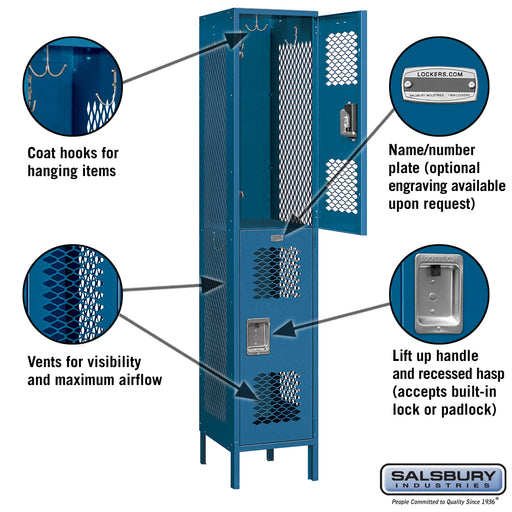 Salsbury 15" Wide Double Tier Vented Metal Locker - 1 Wide - 6 Feet High - 18 Inches Deep - Blue - Unassembled - Sweatfully