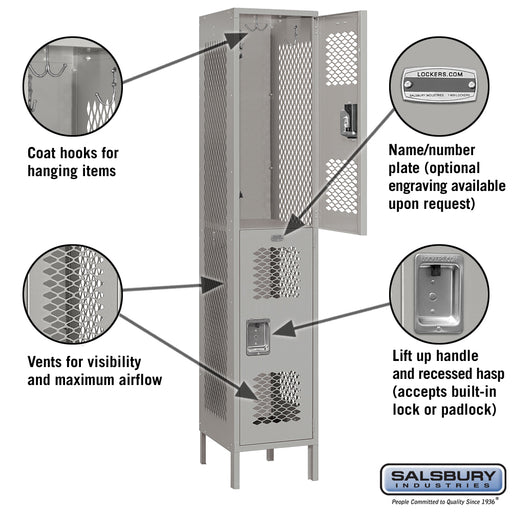 Salsbury 15" Wide Double Tier Vented Metal Locker - 1 Wide - 6 Feet High - 18 Inches Deep - Gray - Unassembled - Sweatfully
