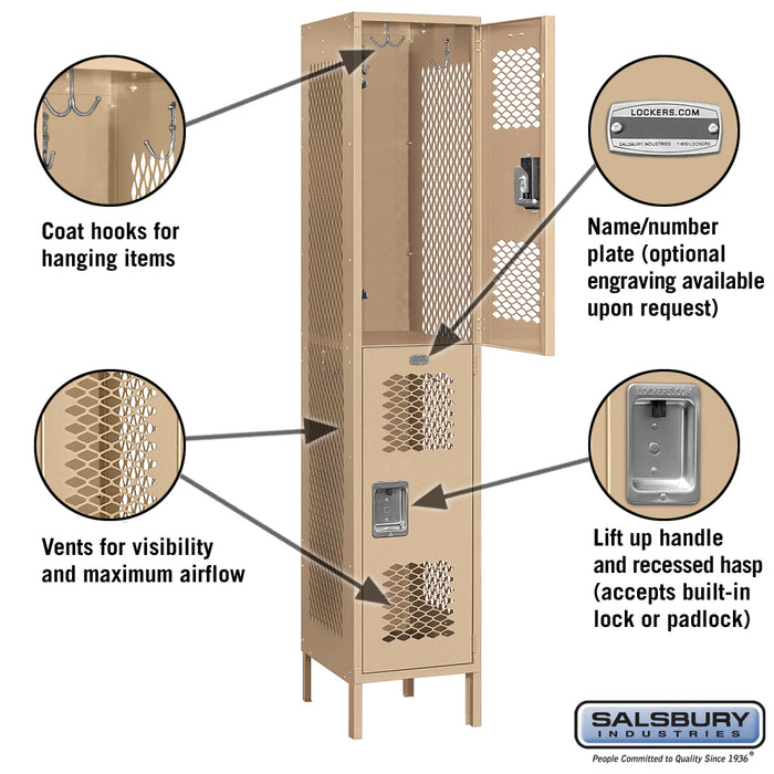 Salsbury 15" Wide Double Tier Vented Metal Locker - 1 Wide - 6 Feet High - 18 Inches Deep - Tan - Unassembled - Sweatfully