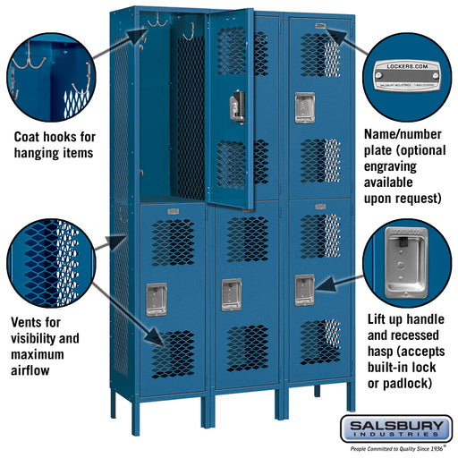 Salsbury 15" Wide Double Tier Vented Metal Locker - 3 Wide - 6 Feet High - 15 Inches Deep - Blue - Assembled - Sweatfully