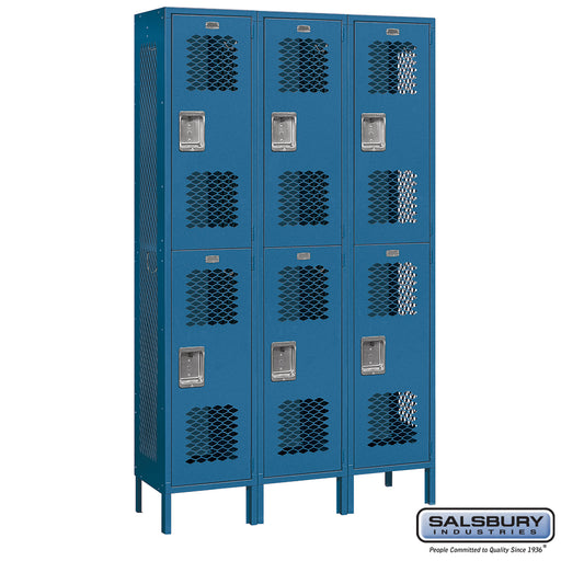 Salsbury 15" Wide Double Tier Vented Metal Locker - 3 Wide - 6 Feet High - 15 Inches Deep - Blue - Assembled - Sweatfully
