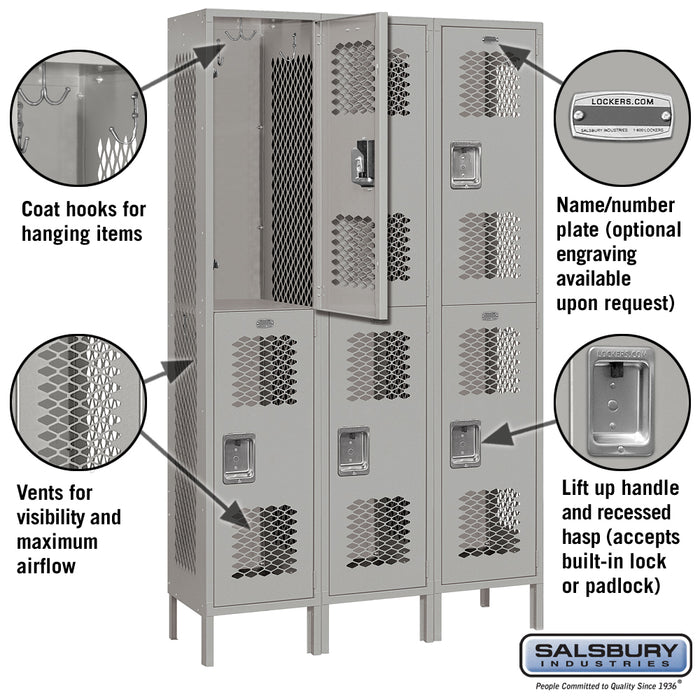Salsbury 15" Wide Double Tier Vented Metal Locker - 3 Wide - 6 Feet High - 15 Inches Deep - Gray - Assembled - Sweatfully