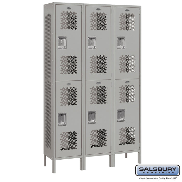 Salsbury 15" Wide Double Tier Vented Metal Locker - 3 Wide - 6 Feet High - 15 Inches Deep - Gray - Assembled - Sweatfully