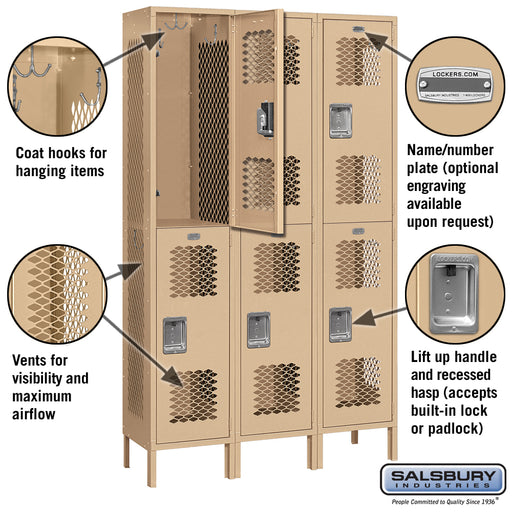 Salsbury 15" Wide Double Tier Vented Metal Locker - 3 Wide - 6 Feet High - 15 Inches Deep - Tan - Assembled - Sweatfully