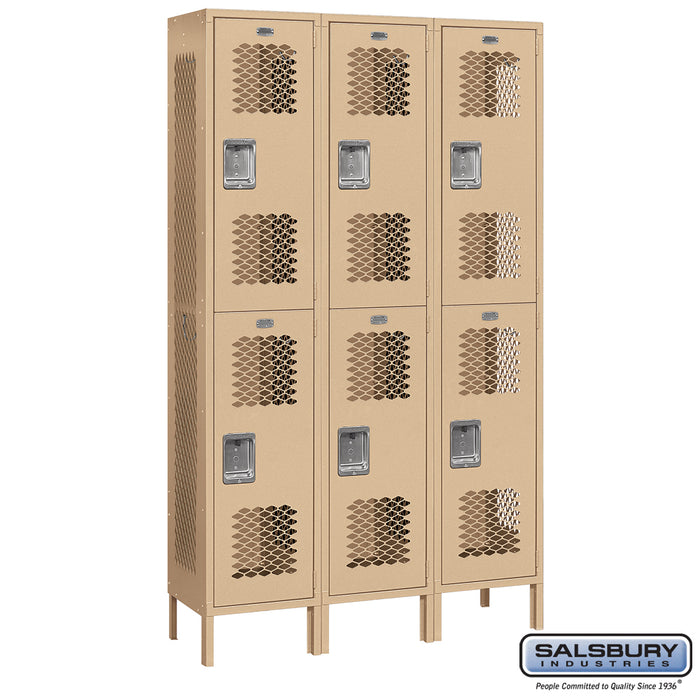 Salsbury 15" Wide Double Tier Vented Metal Locker - 3 Wide - 6 Feet High - 15 Inches Deep - Tan - Assembled - Sweatfully