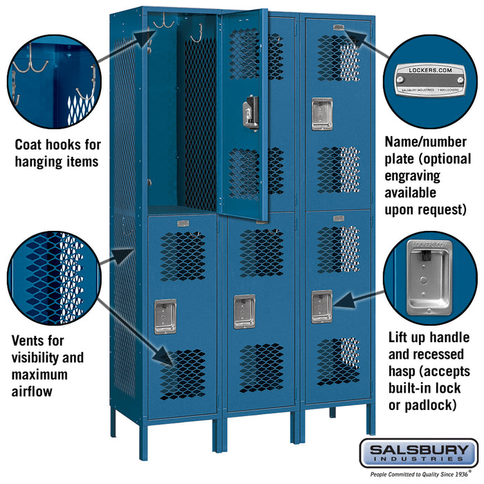 Salsbury 15" Wide Double Tier Vented Metal Locker - 3 Wide - 6 Feet High - 18 Inches Deep - Blue - Assembled - Sweatfully