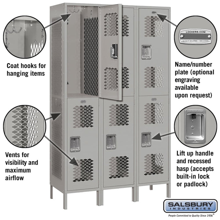 Salsbury 15" Wide Double Tier Vented Metal Locker - 3 Wide - 6 Feet High - 18 Inches Deep - Gray - Unassembled - Sweatfully