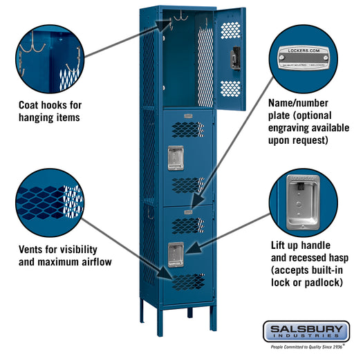 Salsbury 15" Wide Triple Tier Vented Metal Locker - 1 Wide - 6 Feet High - 15 Inches Deep - Blue - Assembled - Sweatfully