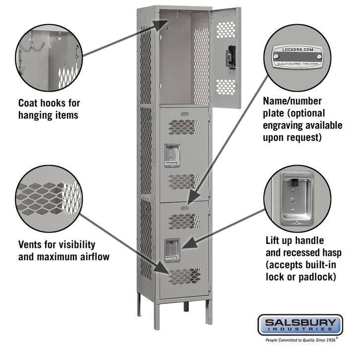 Salsbury 15" Wide Triple Tier Vented Metal Locker - 1 Wide - 6 Feet High - 15 Inches Deep - Gray - Unassembled - Sweatfully
