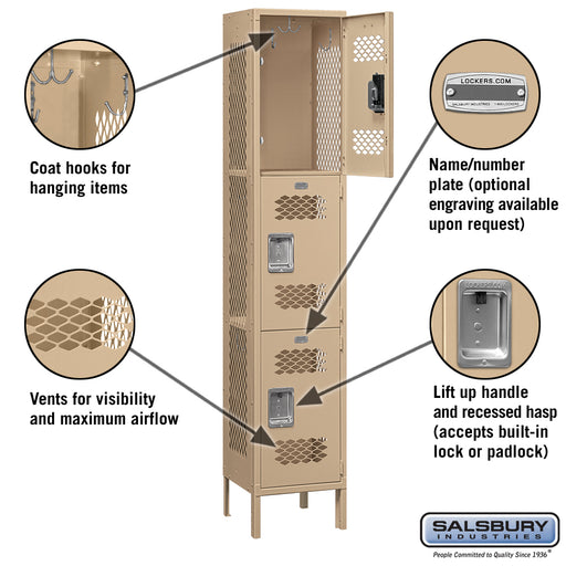 Salsbury 15" Wide Triple Tier Vented Metal Locker - 1 Wide - 6 Feet High - 15 Inches Deep - Tan - Assembled - Sweatfully