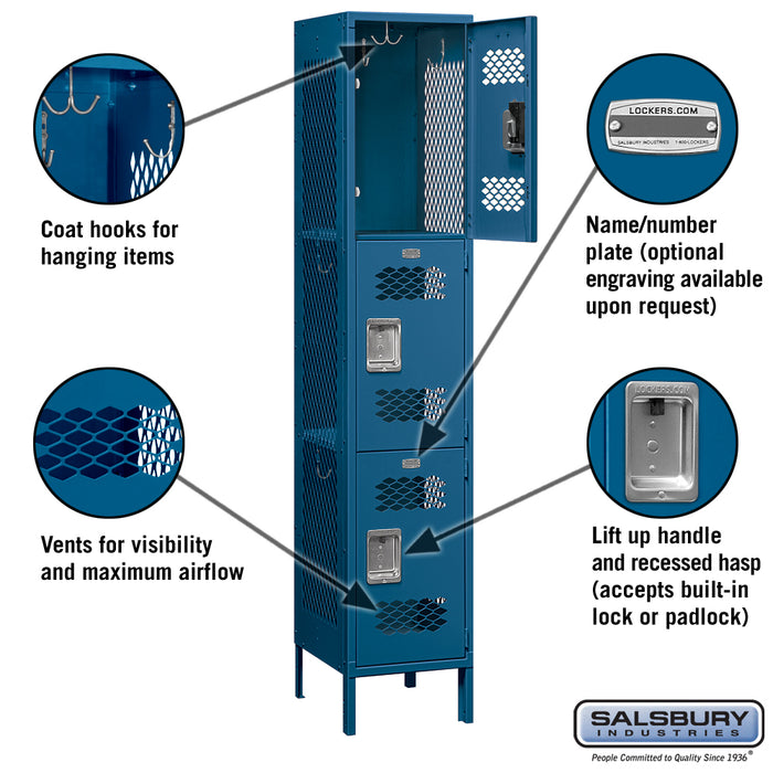 Salsbury 15" Wide Triple Tier Vented Metal Locker - 1 Wide - 6 Feet High - 18 Inches Deep - Blue - Assembled - Sweatfully