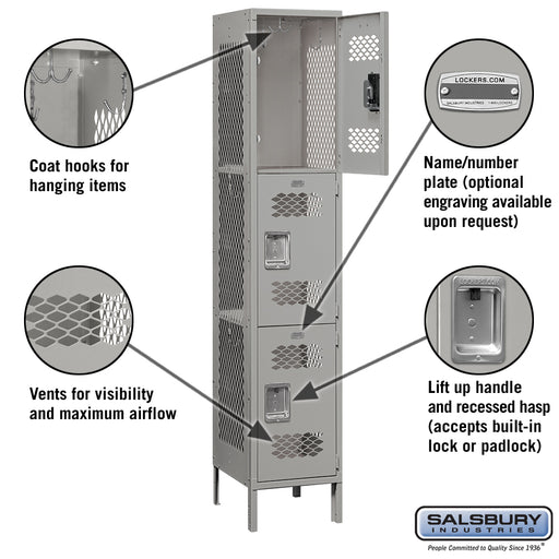 Salsbury 15" Wide Triple Tier Vented Metal Locker - 1 Wide - 6 Feet High - 18 Inches Deep - Gray - Unassembled - Sweatfully