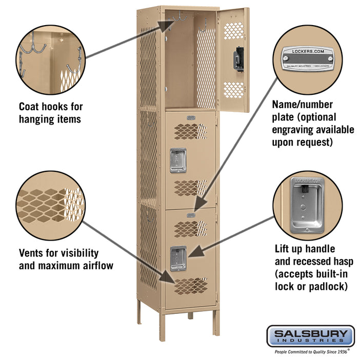Salsbury 15" Wide Triple Tier Vented Metal Locker - 1 Wide - 6 Feet High - 18 Inches Deep - Tan - Assembled - Sweatfully