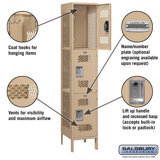 Salsbury 15" Wide Triple Tier Vented Metal Locker - 1 Wide - 6 Feet High - 18 Inches Deep - Tan - Unassembled - Sweatfully