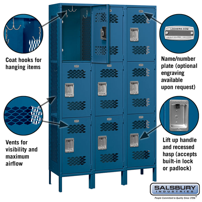 Salsbury 15" Wide Triple Tier Vented Metal Locker - 3 Wide - 6 Feet High - 15 Inches Deep - Blue - Assembled - Sweatfully