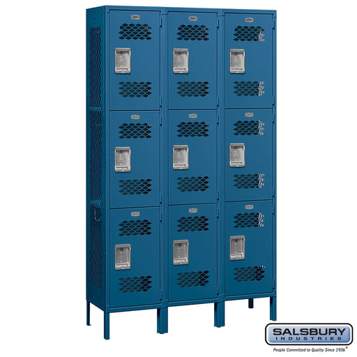 Salsbury 15" Wide Triple Tier Vented Metal Locker - 3 Wide - 6 Feet High - 15 Inches Deep - Blue - Assembled - Sweatfully