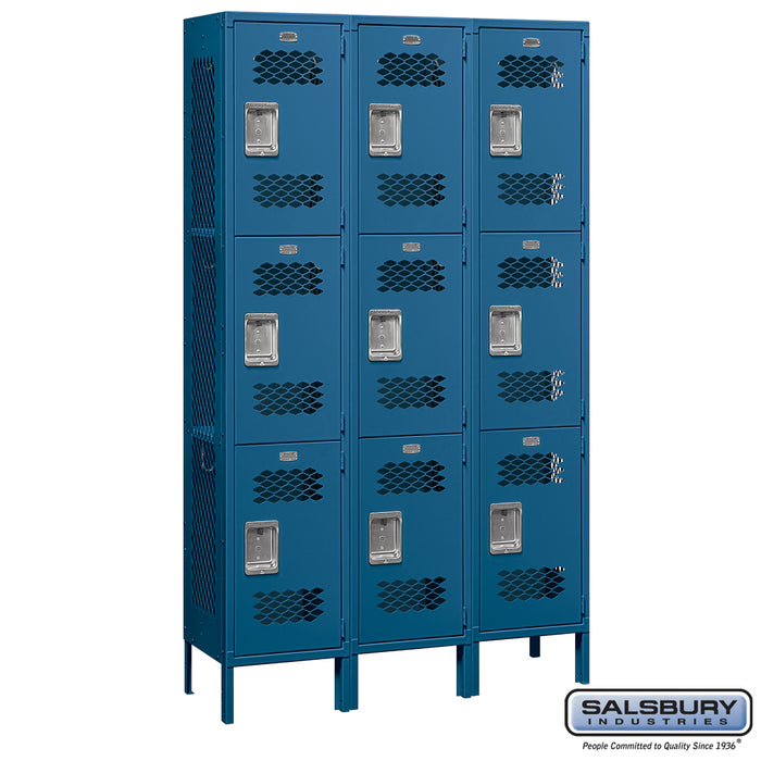 Salsbury 15" Wide Triple Tier Vented Metal Locker - 3 Wide - 6 Feet High - 15 Inches Deep - Blue - Unassembled - Sweatfully