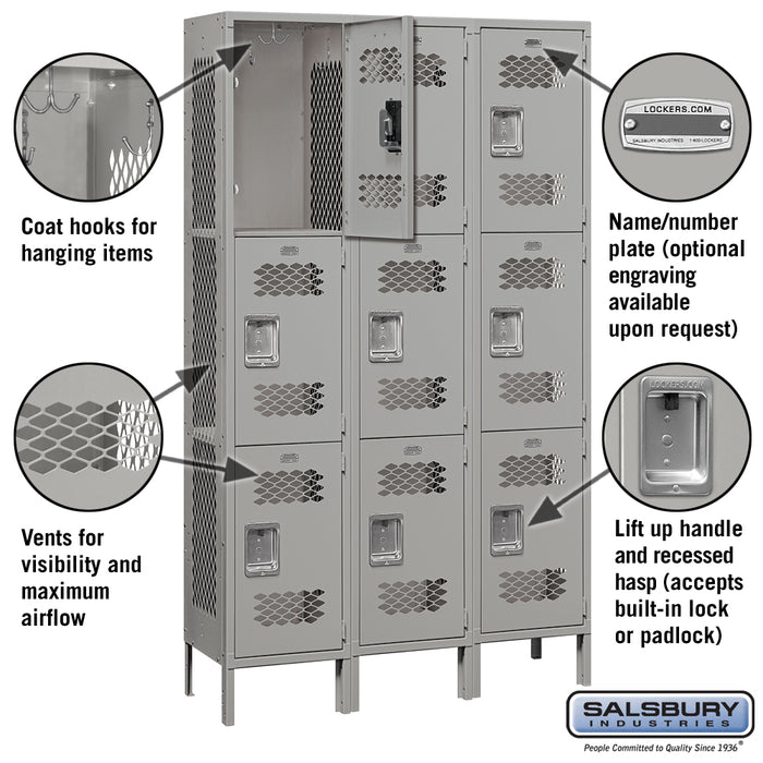 Salsbury 15" Wide Triple Tier Vented Metal Locker - 3 Wide - 6 Feet High - 15 Inches Deep - Gray - Assembled - Sweatfully