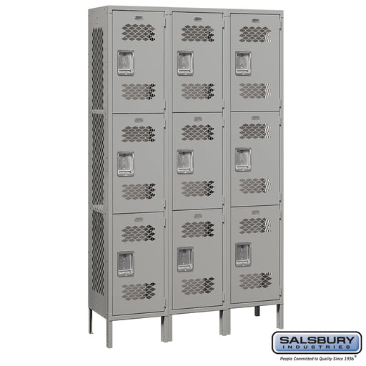 Salsbury 15" Wide Triple Tier Vented Metal Locker - 3 Wide - 6 Feet High - 15 Inches Deep - Gray - Unassembled - Sweatfully