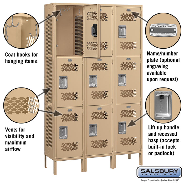Salsbury 15" Wide Triple Tier Vented Metal Locker - 3 Wide - 6 Feet High - 15 Inches Deep - Tan - Assembled - Sweatfully