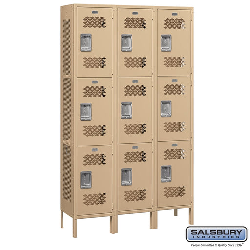 Salsbury 15" Wide Triple Tier Vented Metal Locker - 3 Wide - 6 Feet High - 15 Inches Deep - Tan - Assembled - Sweatfully