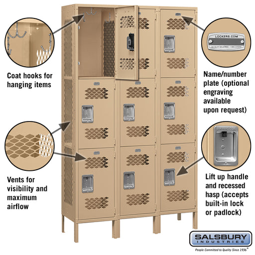Salsbury 15" Wide Triple Tier Vented Metal Locker - 3 Wide - 6 Feet High - 15 Inches Deep - Tan - Unassembled - Sweatfully