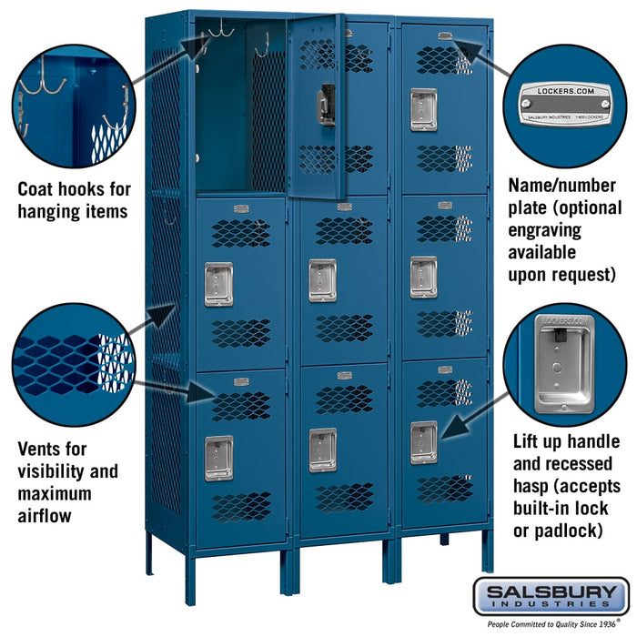 Salsbury 15" Wide Triple Tier Vented Metal Locker - 3 Wide - 6 Feet High - 18 Inches Deep - Blue - Assembled - Sweatfully