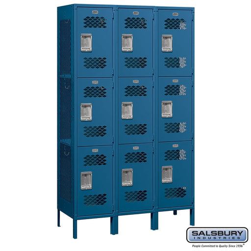Salsbury 15" Wide Triple Tier Vented Metal Locker - 3 Wide - 6 Feet High - 18 Inches Deep - Blue - Unassembled - Sweatfully