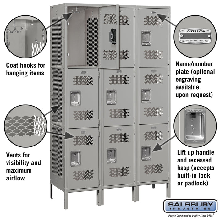 Salsbury 15" Wide Triple Tier Vented Metal Locker - 3 Wide - 6 Feet High - 18 Inches Deep - Gray - Assembled - Sweatfully