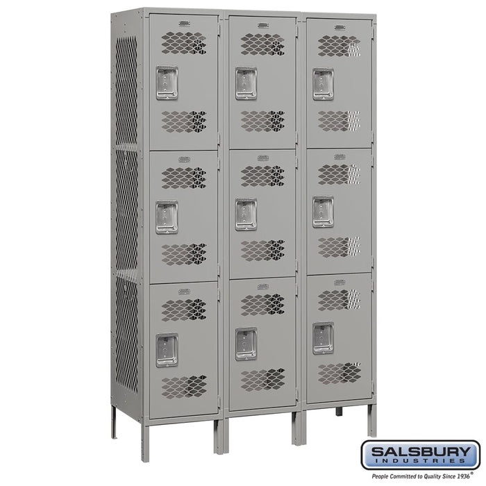 Salsbury 15" Wide Triple Tier Vented Metal Locker - 3 Wide - 6 Feet High - 18 Inches Deep - Gray - Assembled - Sweatfully