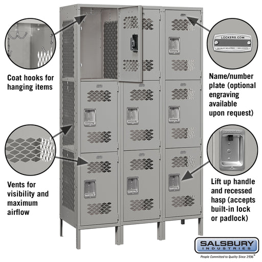 Salsbury 15" Wide Triple Tier Vented Metal Locker - 3 Wide - 6 Feet High - 18 Inches Deep - Gray - Unassembled - Sweatfully
