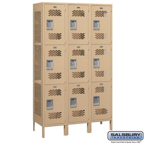 Salsbury 15" Wide Triple Tier Vented Metal Locker - 3 Wide - 6 Feet High - 18 Inches Deep - Tan - Assembled - Sweatfully
